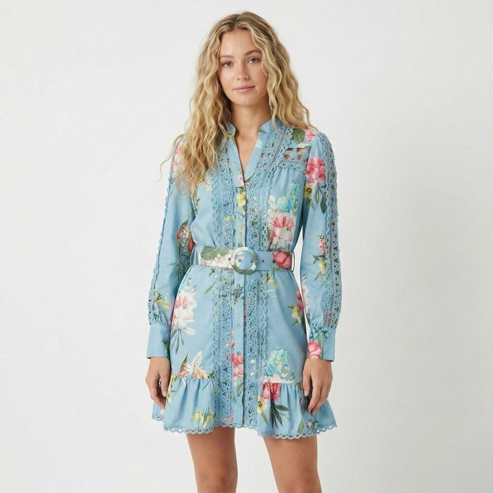 Impressions Blue Floral Lace Trim Belted Button Front Mini Dress Medium Wedding